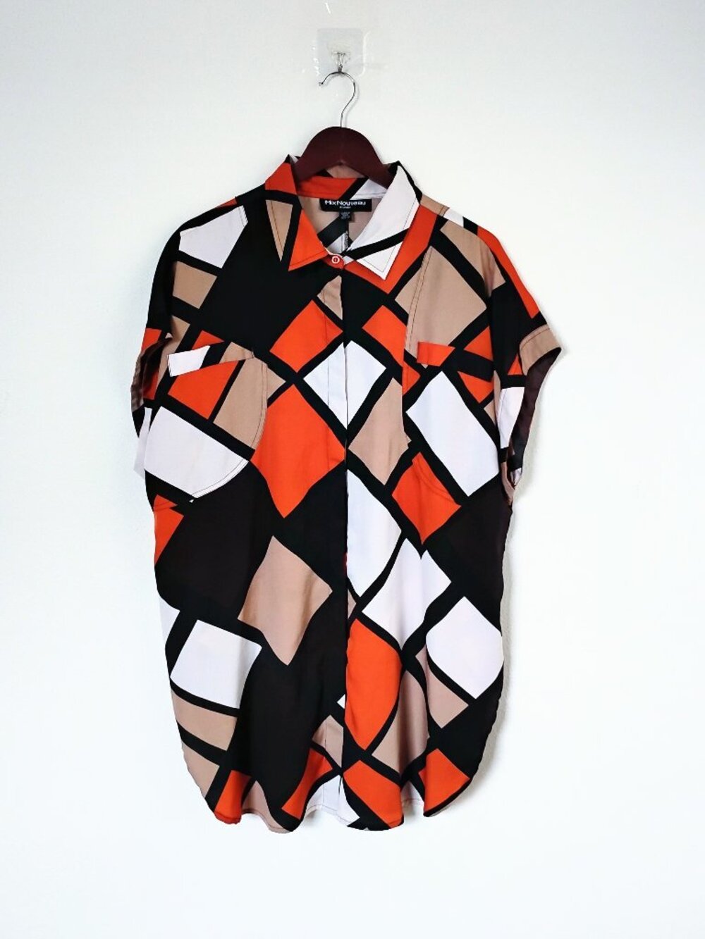 Mix Nouveau plus 1x fall colored abstract geometric collared button blouse